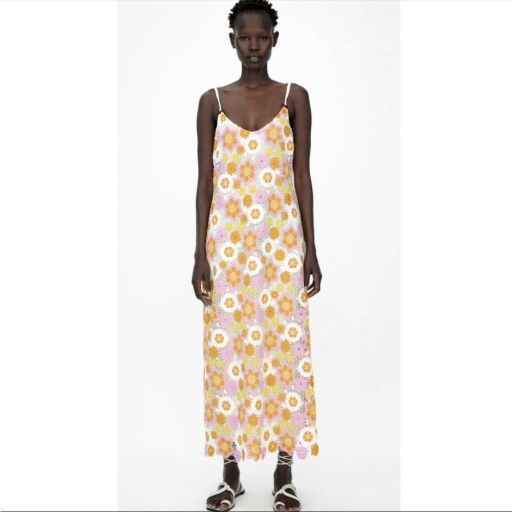 Zara Floral Crochet Lace Knit Maxi Dress